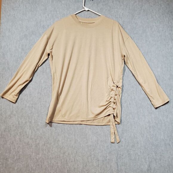 Lululemon Top Women 8 Tan Blouse Stretch Regular Fit Crew Neck Ribbed Drawstring - Picture 1 of 9